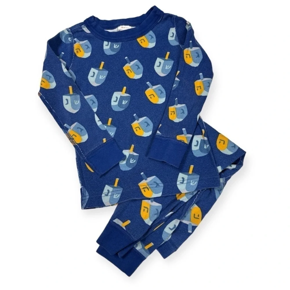 Hanna Andersson Blue Long John Cotton Pajamas Hanukkah Dreidel Print 3T/90